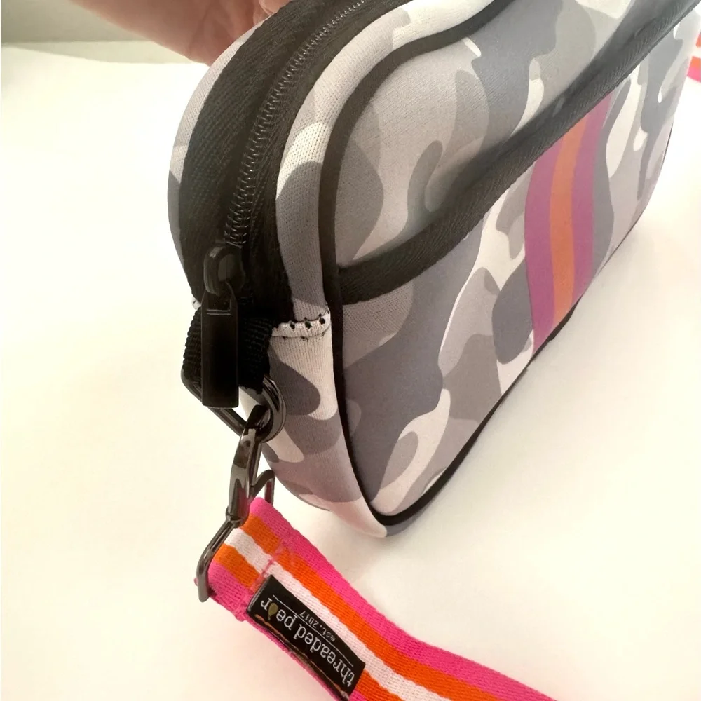 Stylish Gray Camouflage Crossbody Bag with Pink Strap
